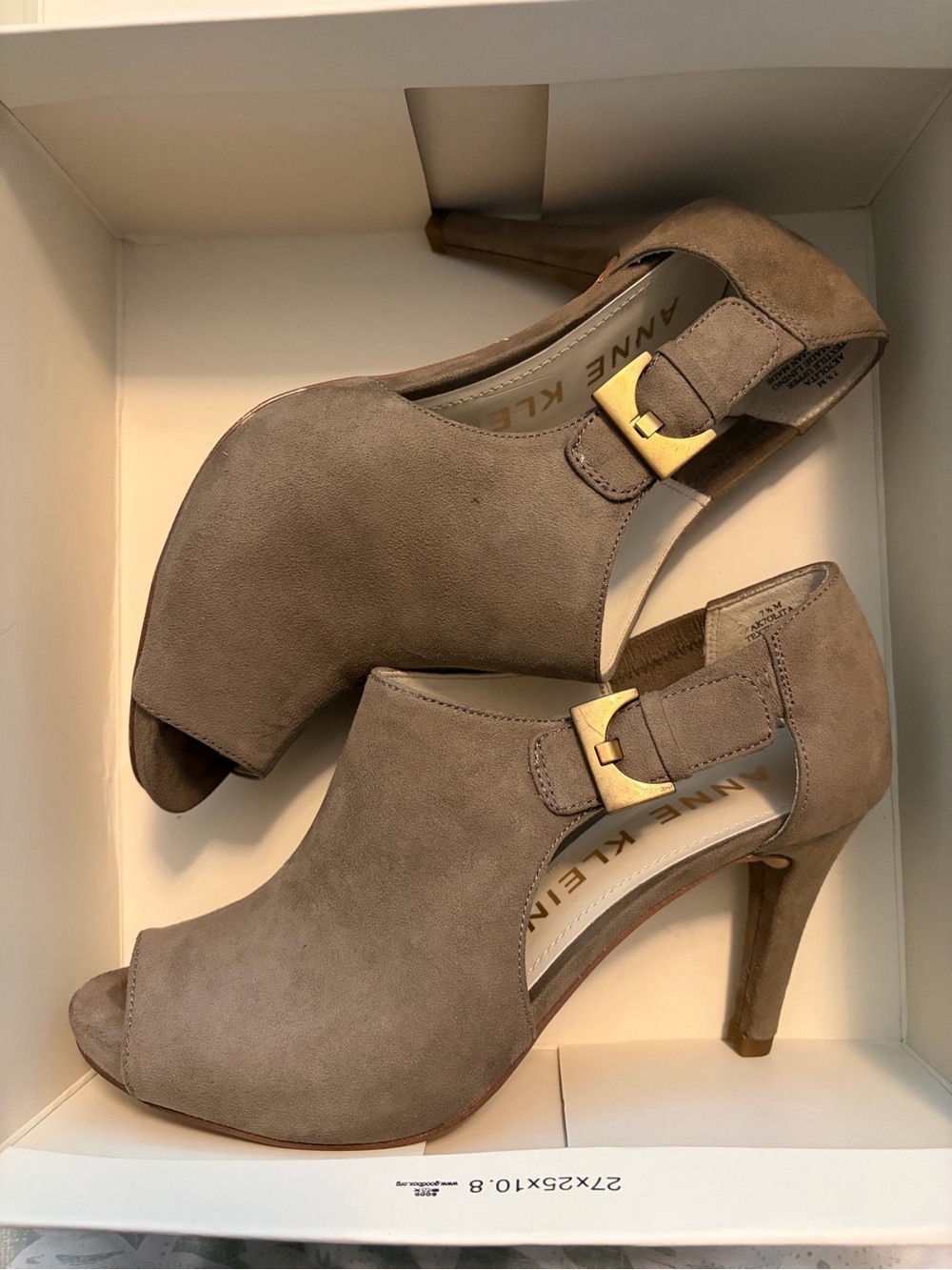 Anne Klein Taupe Suede Peep-Toe Heels with Gold Buckle
